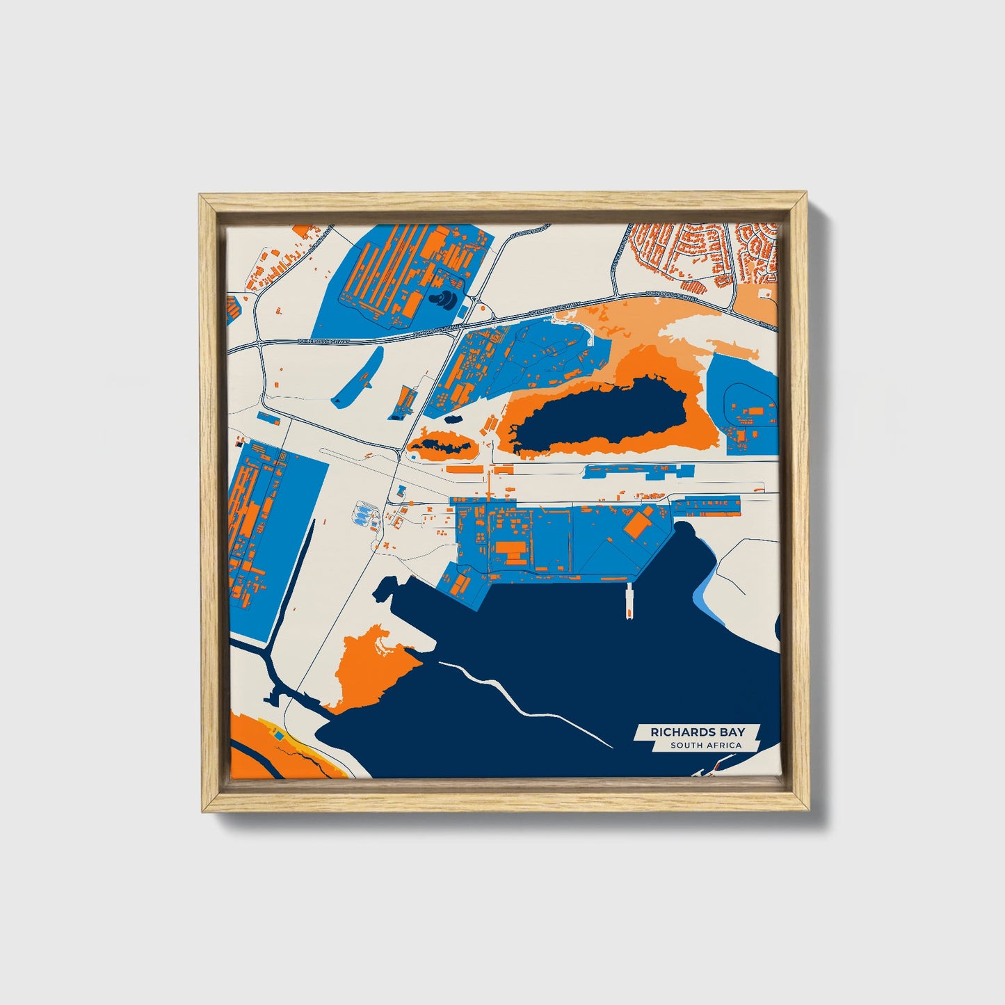 Richards Bay South Africa Colorful City Map Canvas Print • Natural Wooden Framed