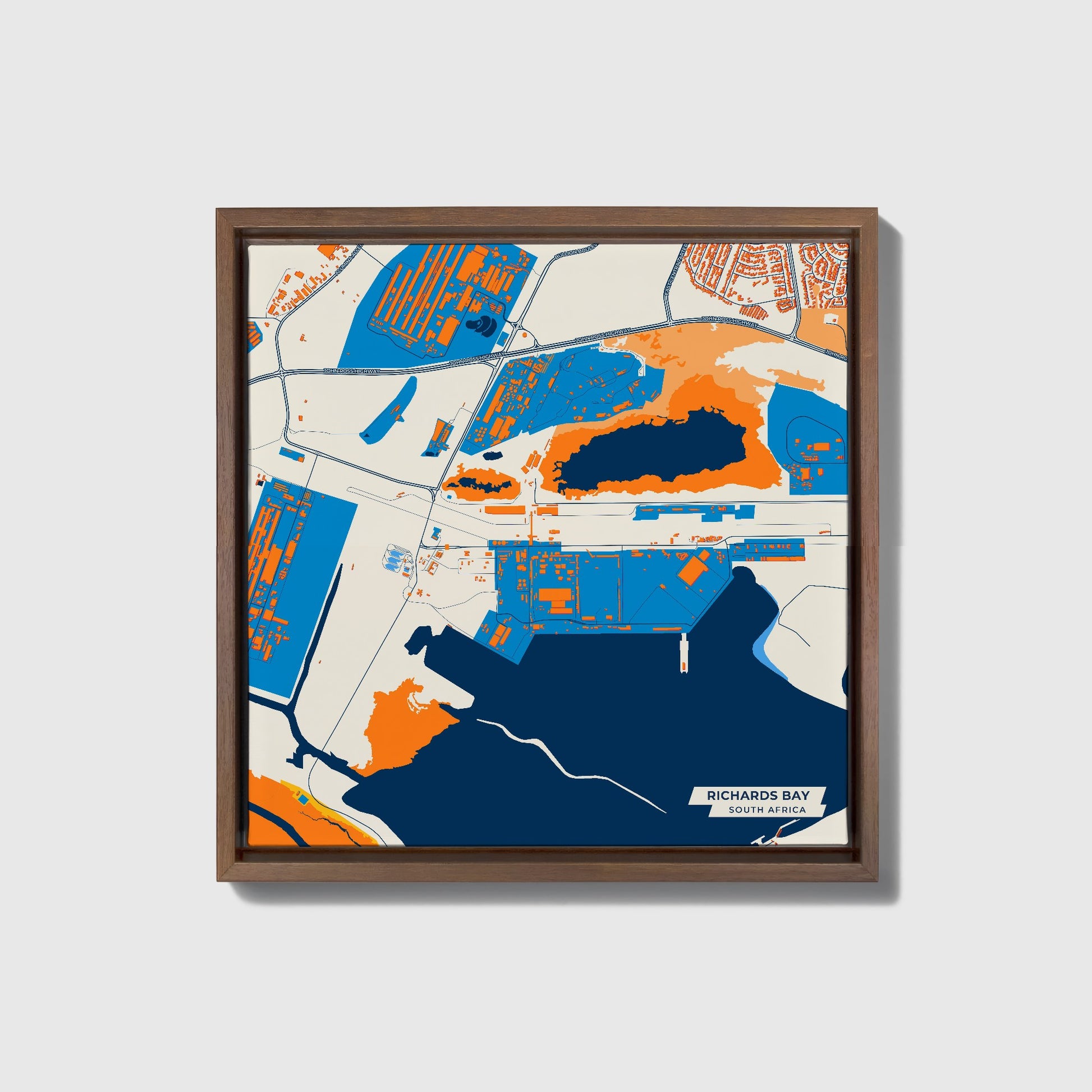 Richards Bay South Africa Colorful City Map Canvas Print • Dark Wooden Framed