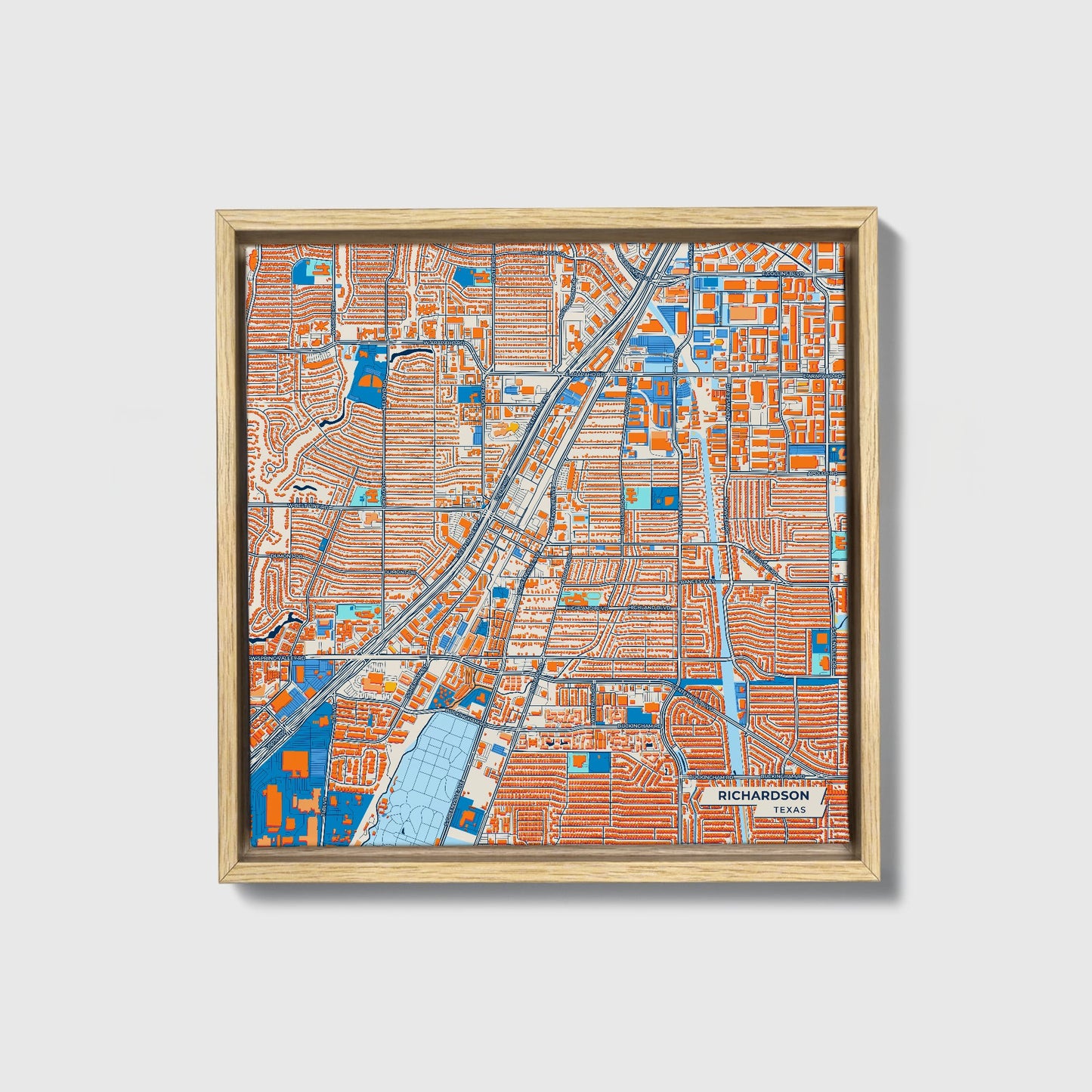 Richardson Texas Colorful City Map Canvas Print • Natural Wooden Framed