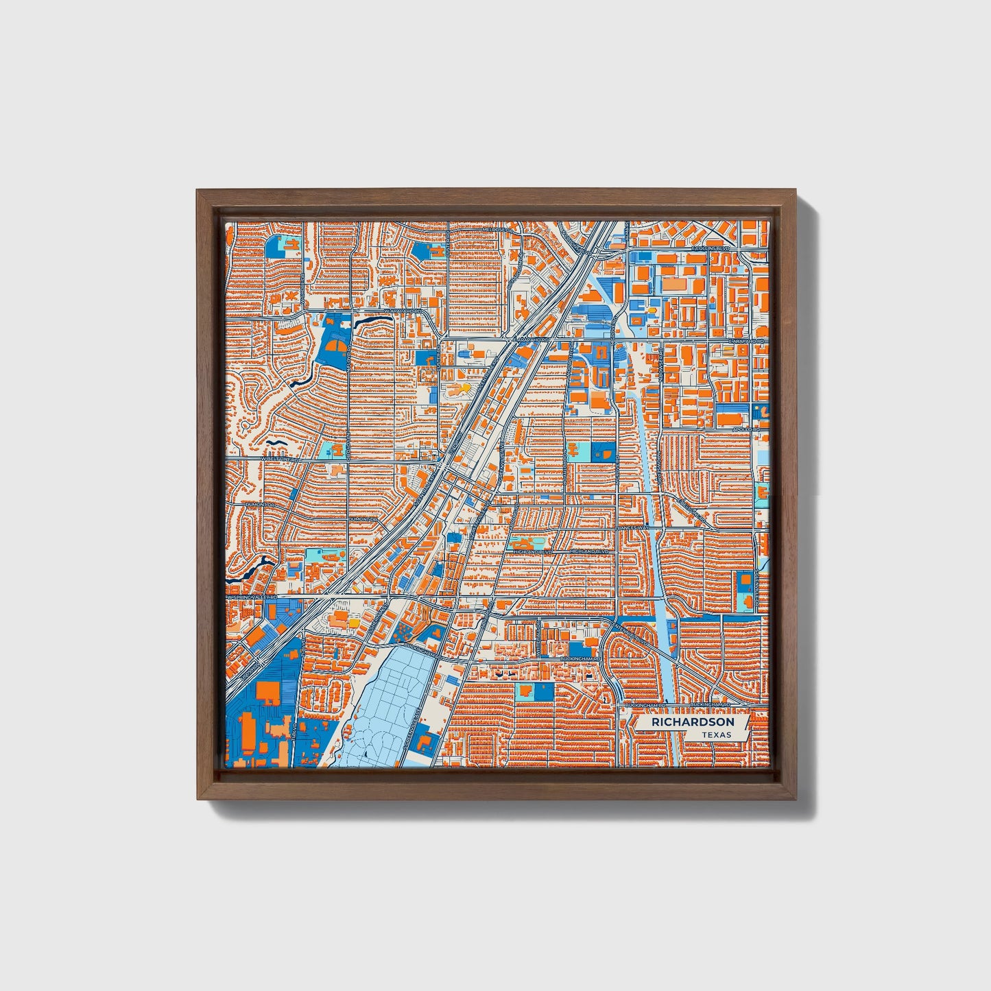 Richardson Texas Colorful City Map Canvas Print • Dark Wooden Framed