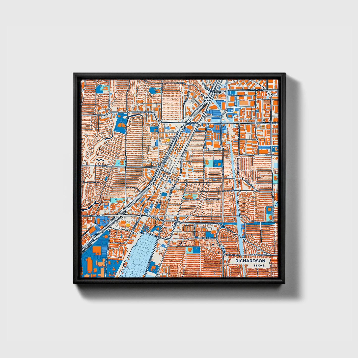 Richardson Texas Colorful City Map Canvas Print • Black Framed