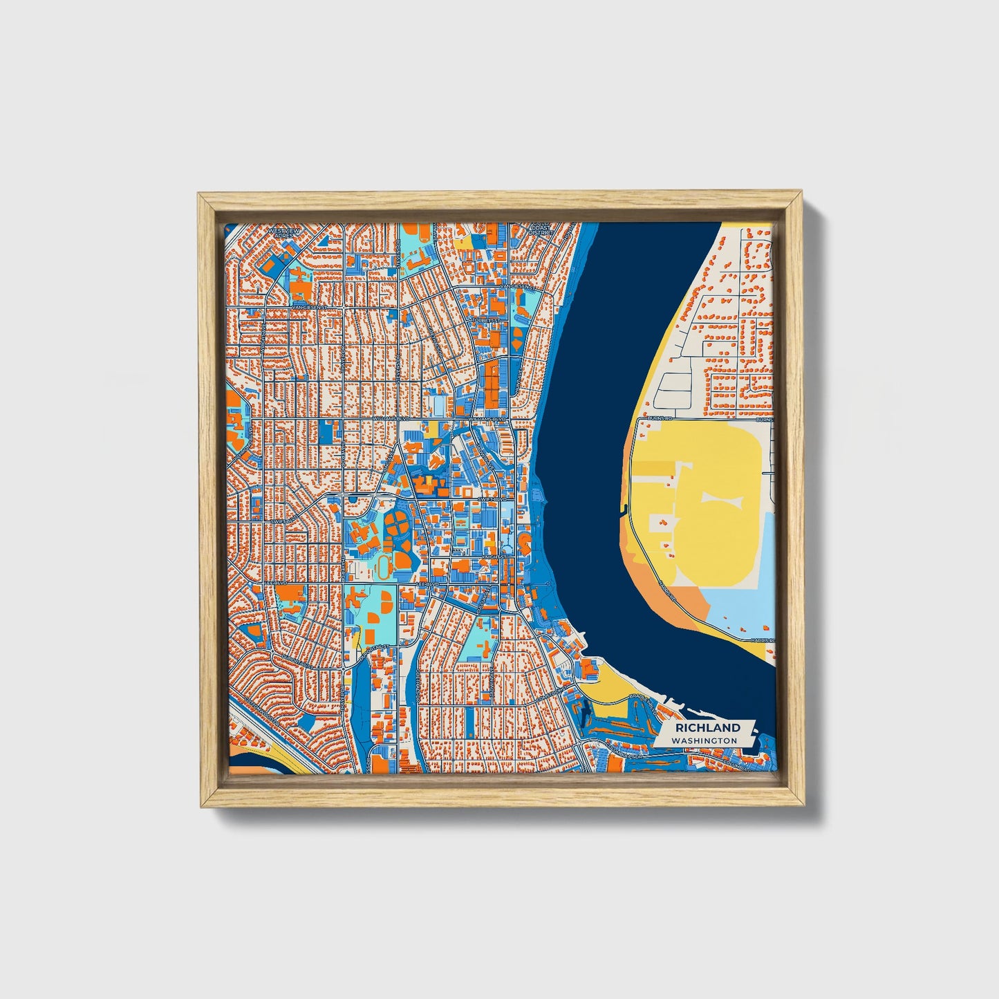 Richland Washington Colorful City Map Canvas Print • Natural Wooden Framed
