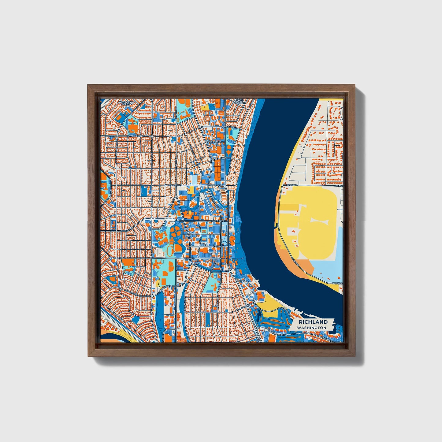 Richland Washington Colorful City Map Canvas Print • Dark Wooden Framed