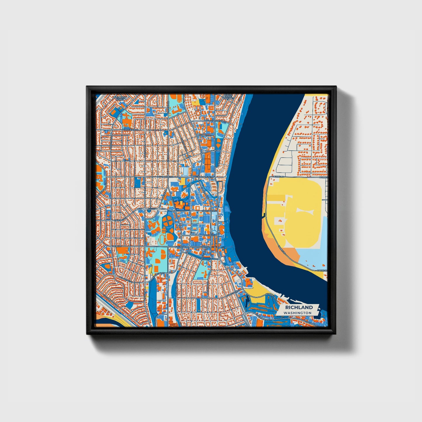 Richland Washington Colorful City Map Canvas Print • Black Framed