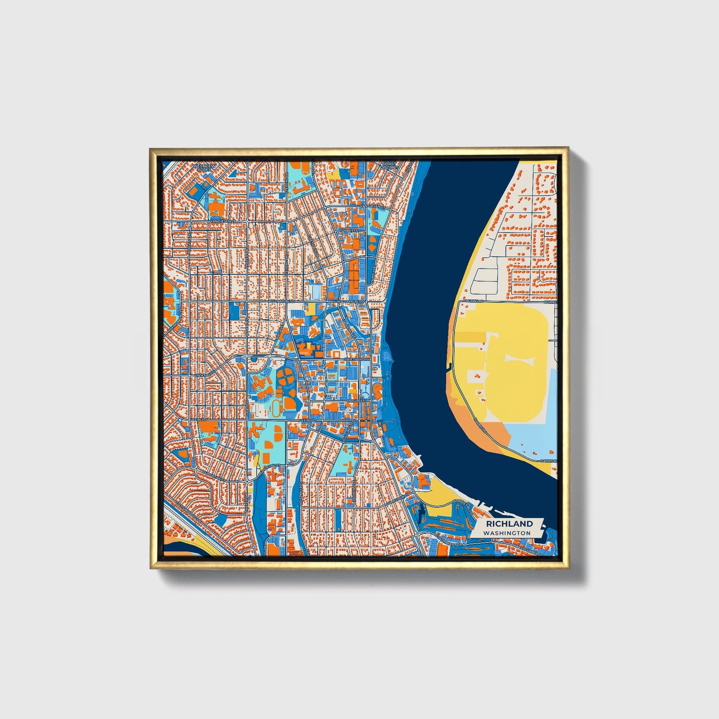 Richland Washington Colorful City Map Canvas Print • Gold Framed