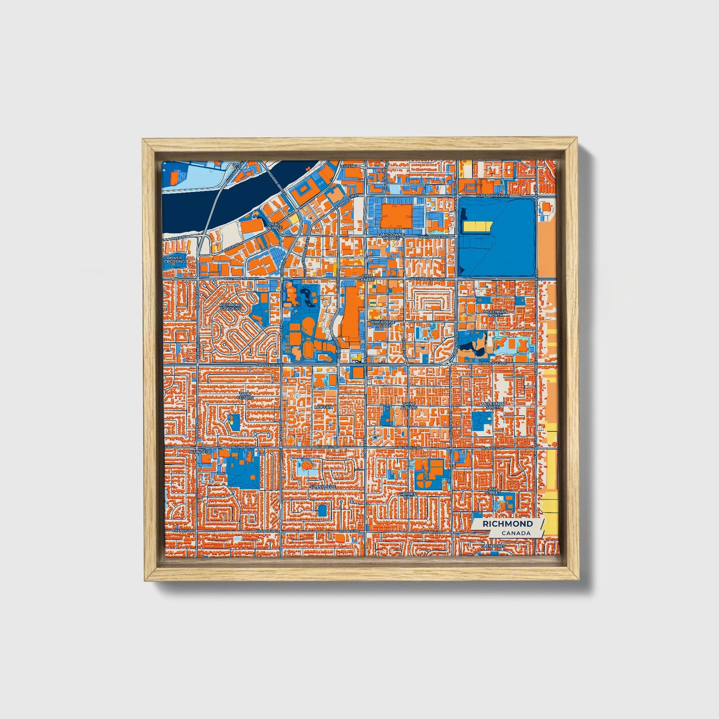 Richmond Canada Colorful City Map Canvas Print • Natural Wooden Framed