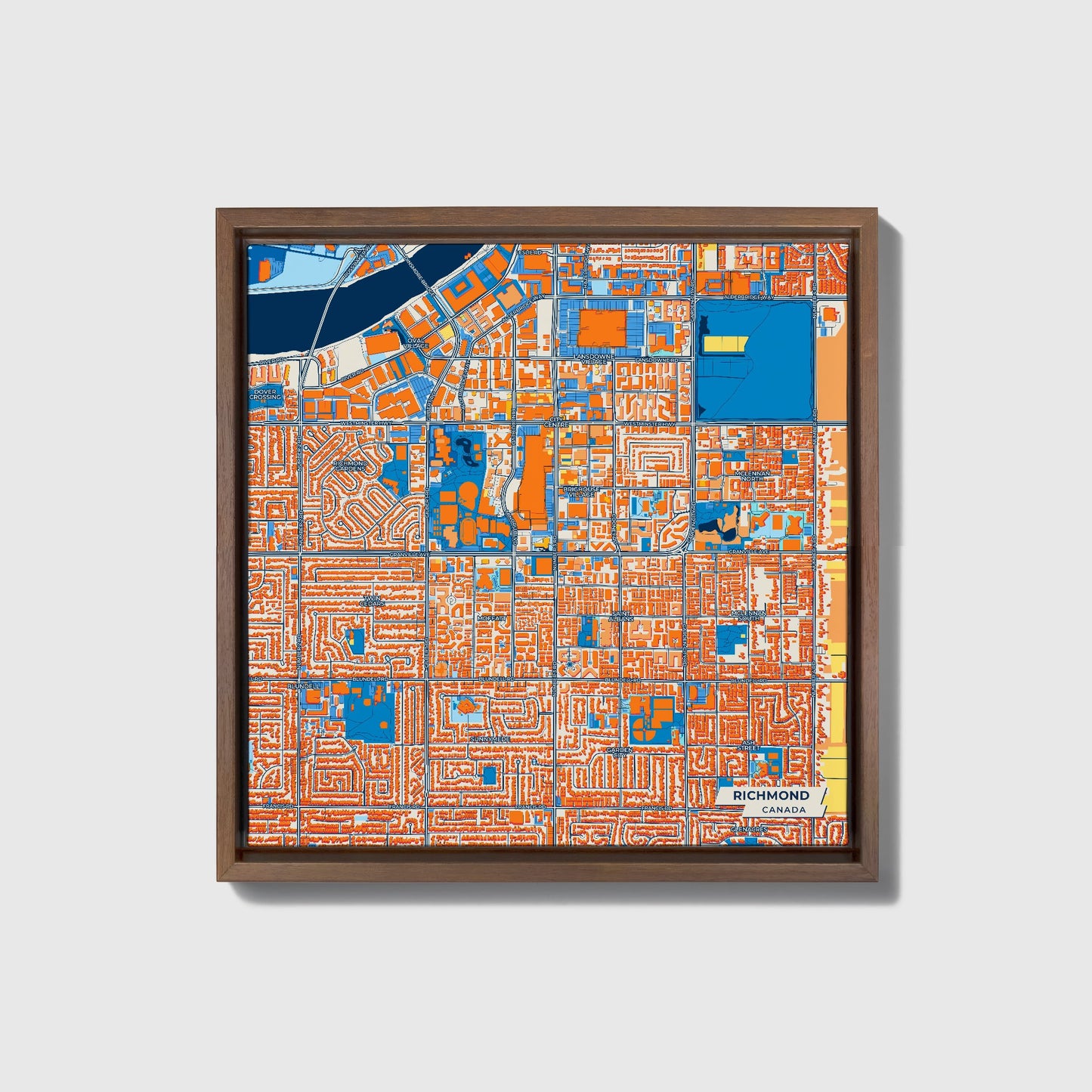 Richmond Canada Colorful City Map Canvas Print • Dark Wooden Framed