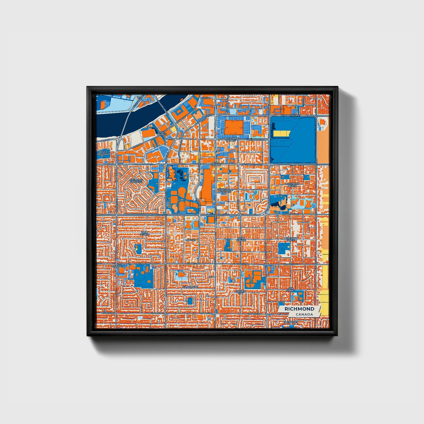 Richmond Canada Colorful City Map Canvas Print • Black Framed