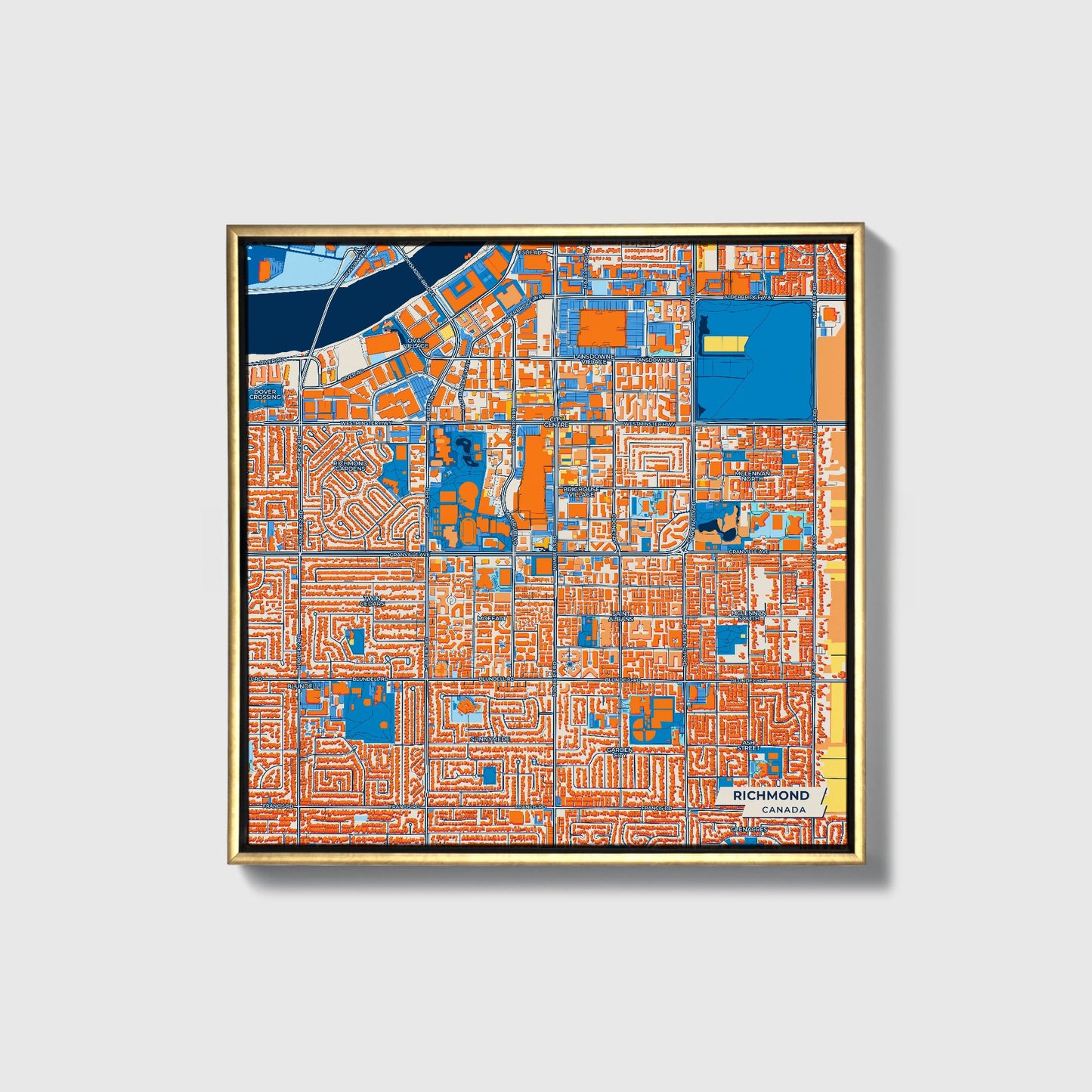 Richmond Canada Colorful City Map Canvas Print • Gold Framed