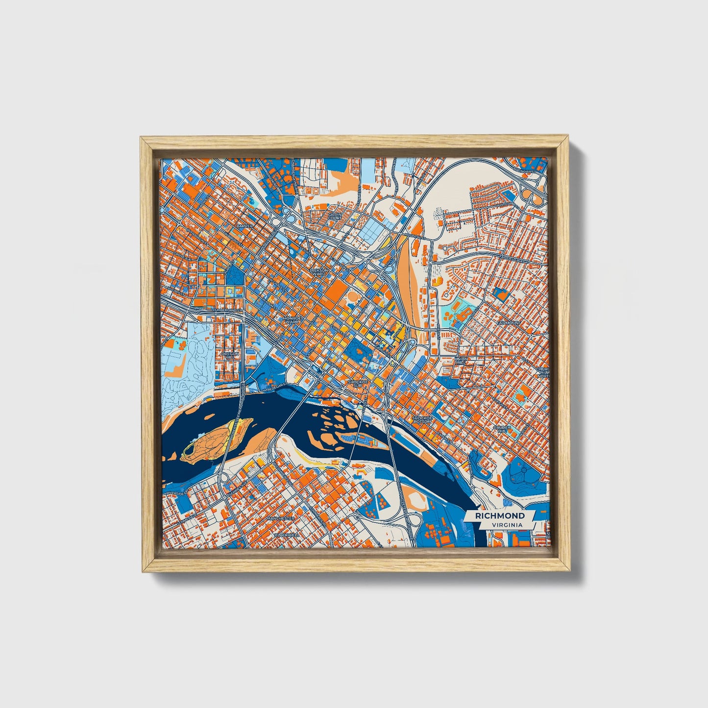 Richmond Virginia Colorful City Map Canvas Print • Natural Wooden Framed