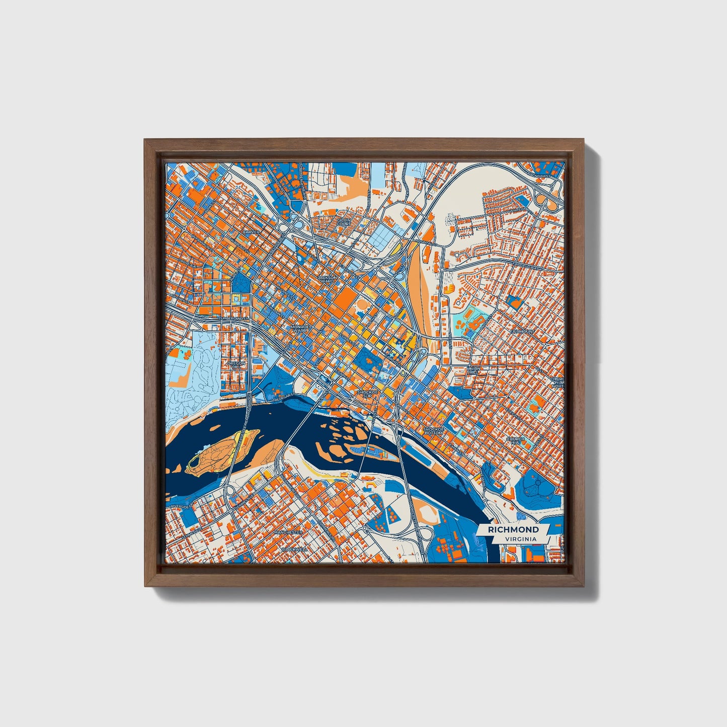 Richmond Virginia Colorful City Map Canvas Print • Dark Wooden Framed