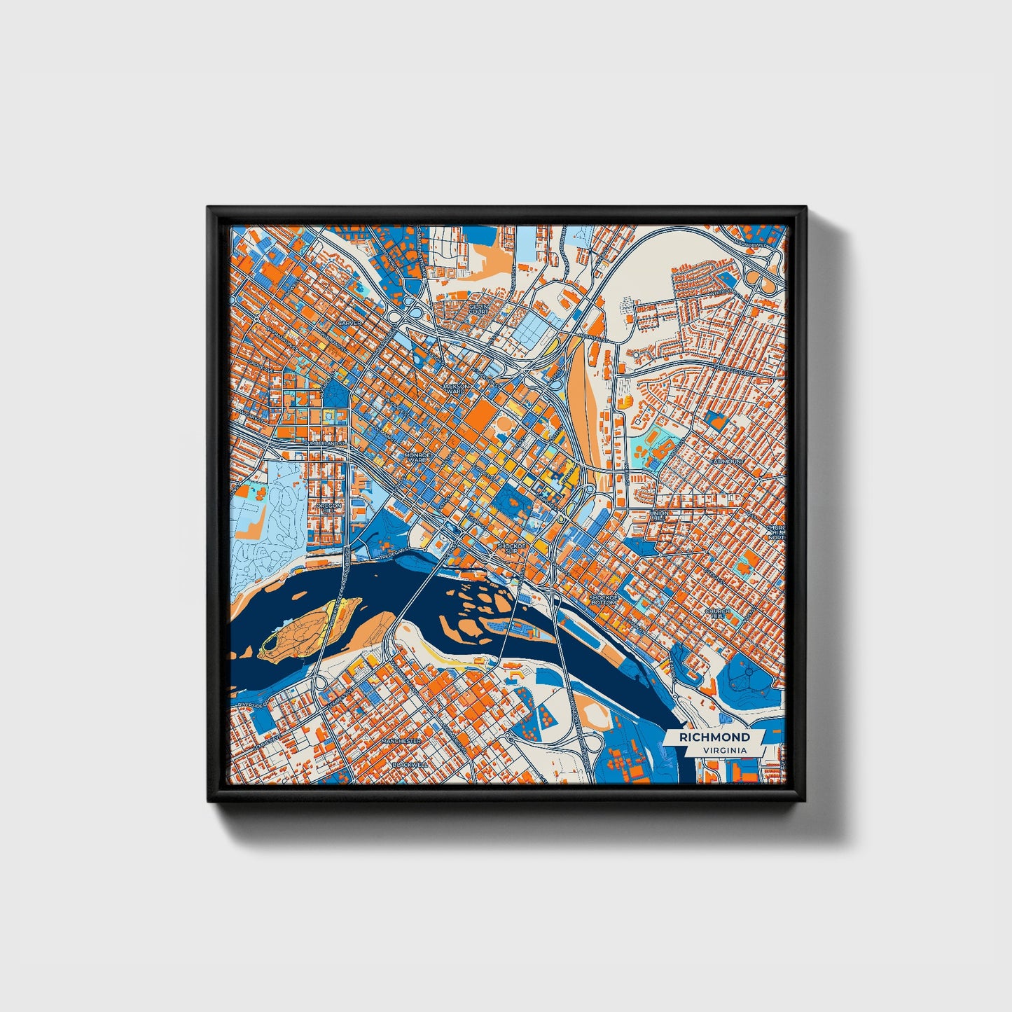 Richmond Virginia Colorful City Map Canvas Print • Black Framed