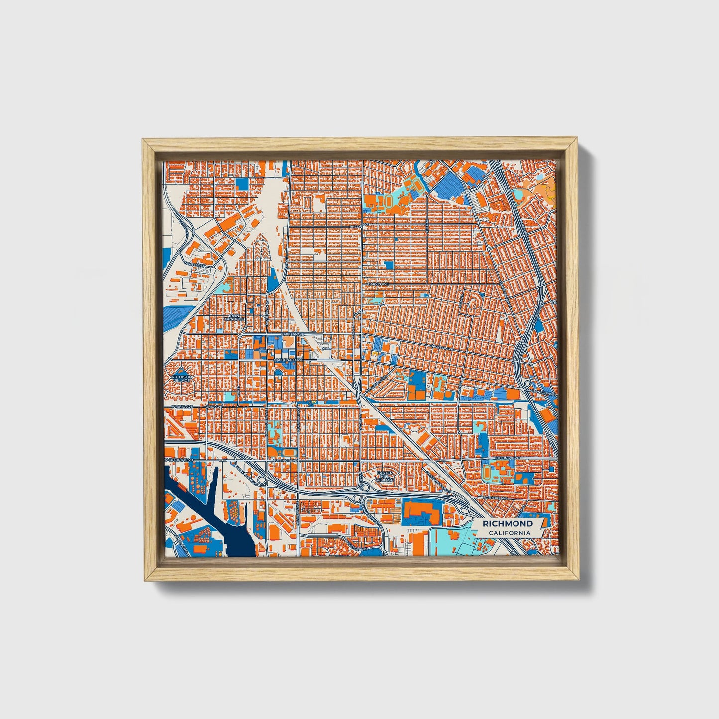 Richmond California Colorful City Map Canvas Print • Natural Wooden Framed