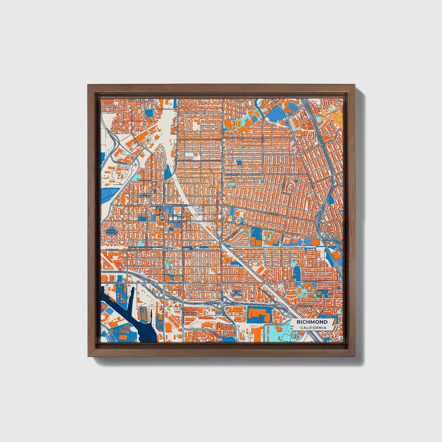 Richmond California Colorful City Map Canvas Print • Dark Wooden Framed