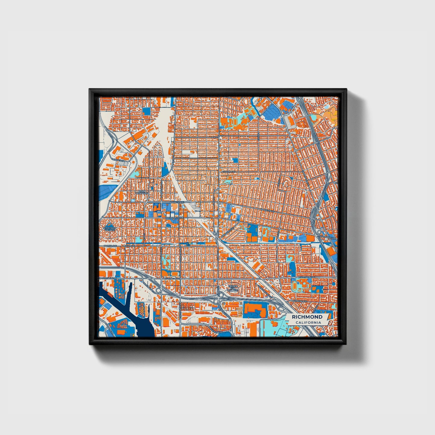 Richmond California Colorful City Map Canvas Print • Black Framed