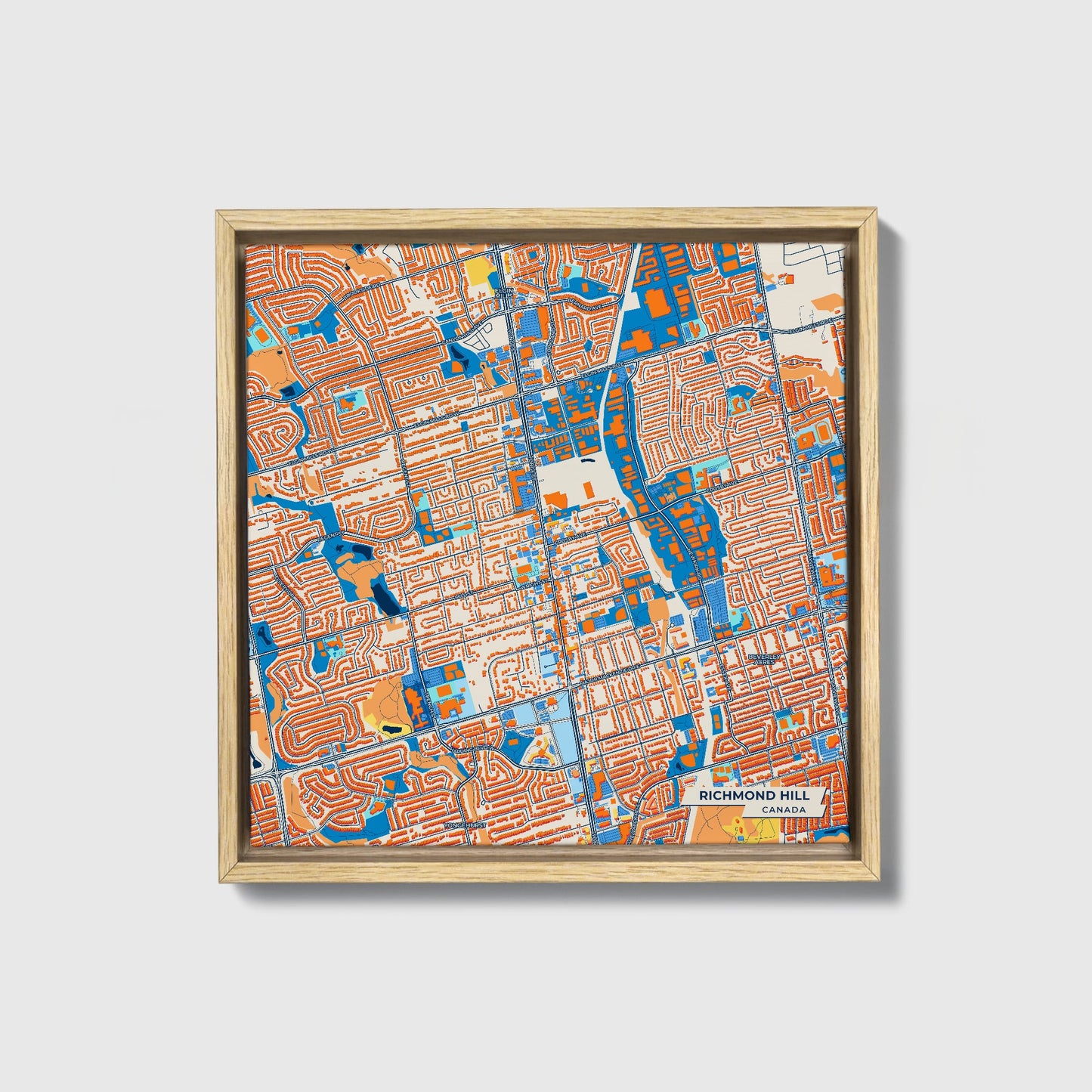 Richmond Hill Canada Colorful City Map Canvas Print • Natural Wooden Framed