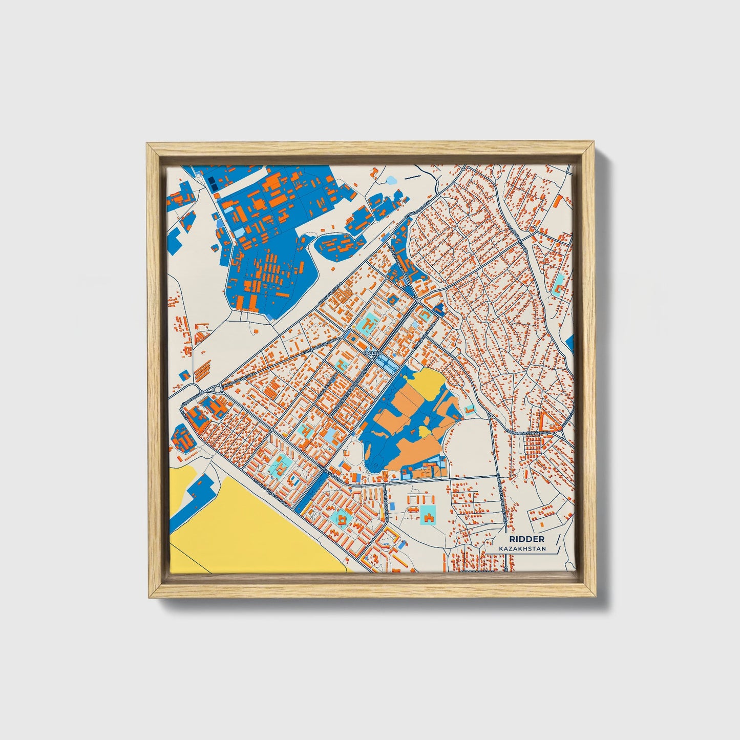 Ridder Kazakhstan Colorful City Map Canvas Print • Natural Wooden Framed