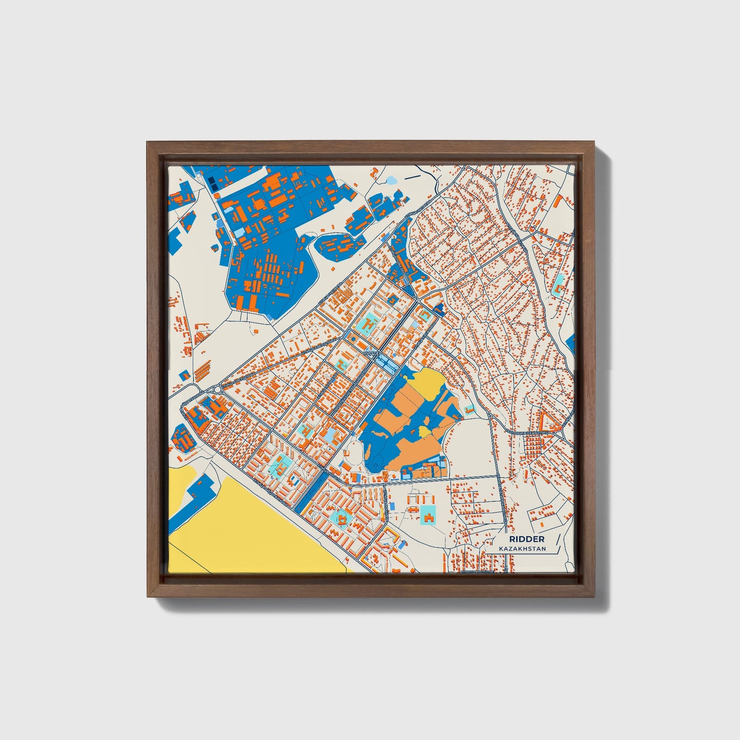 Ridder Kazakhstan Colorful City Map Canvas Print • Dark Wooden Framed