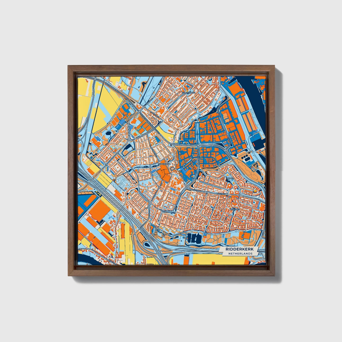 Ridderkerk Netherlands Colorful City Map Canvas Print • Dark Wooden Framed