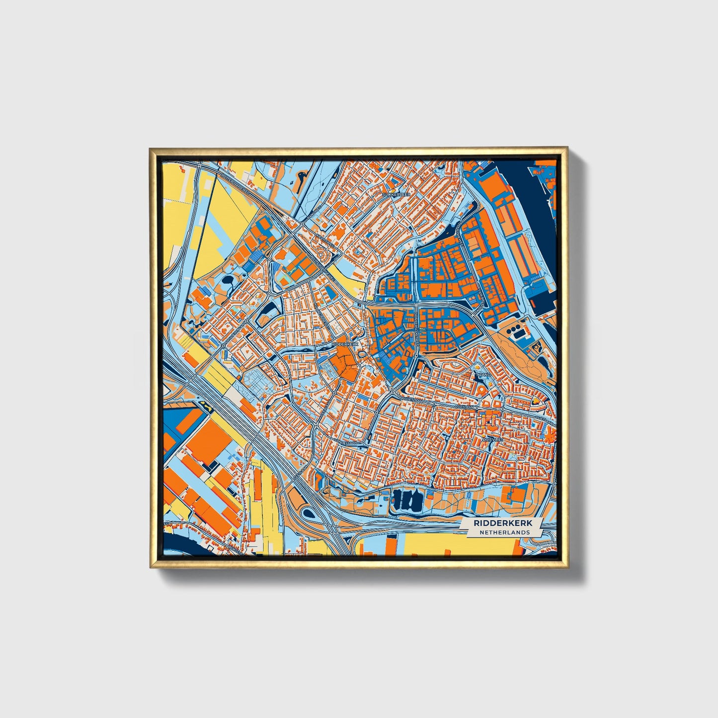 Ridderkerk Netherlands Colorful City Map Canvas Print • Gold Framed