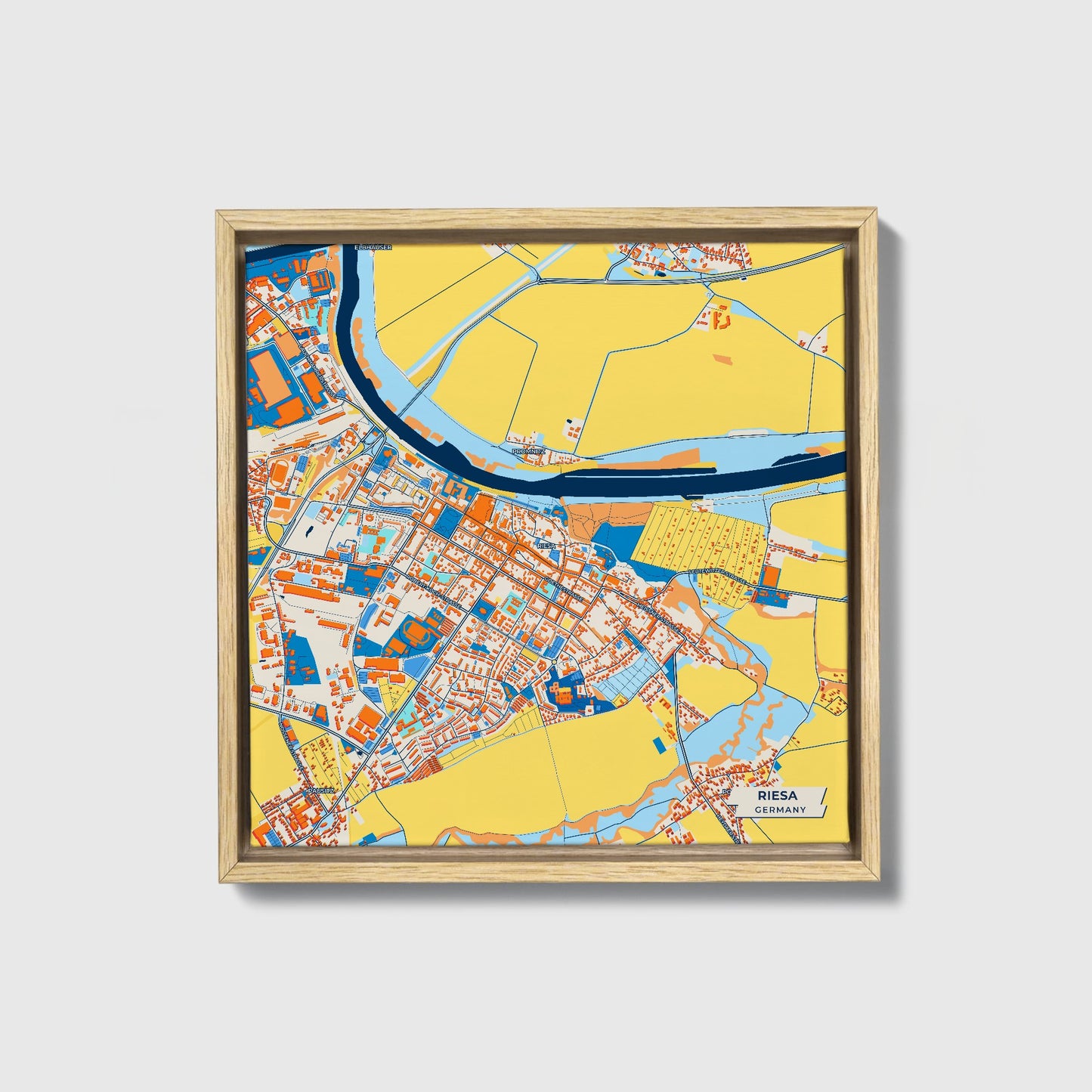 Riesa Germany Colorful City Map Canvas Print • Natural Wooden Framed