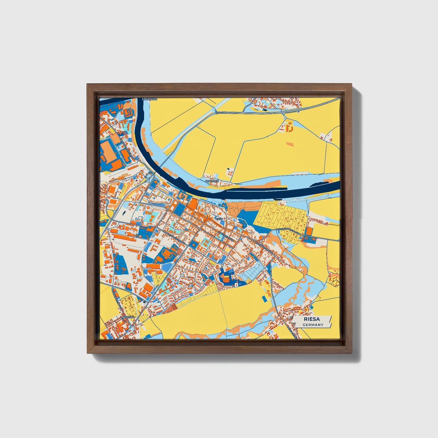 Riesa Germany Colorful City Map Canvas Print • Dark Wooden Framed