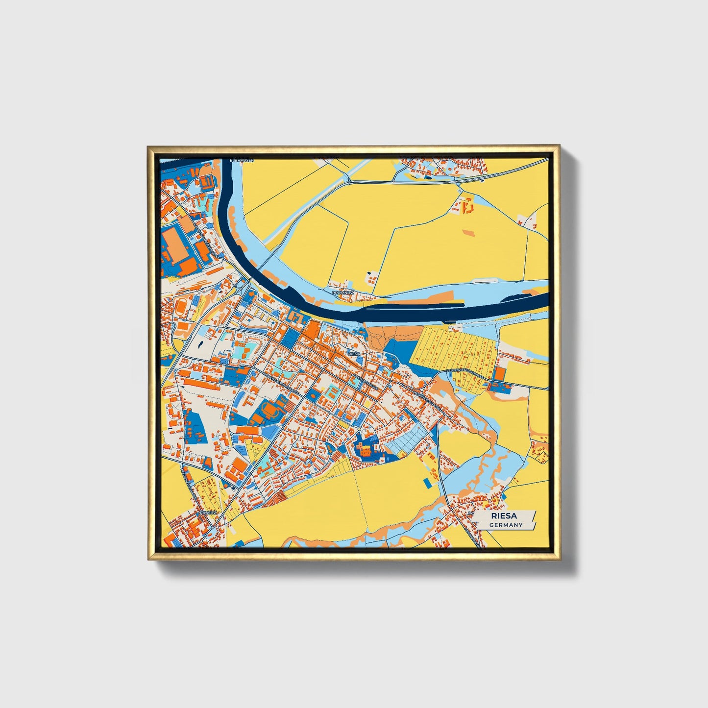 Riesa Germany Colorful City Map Canvas Print • Gold Framed