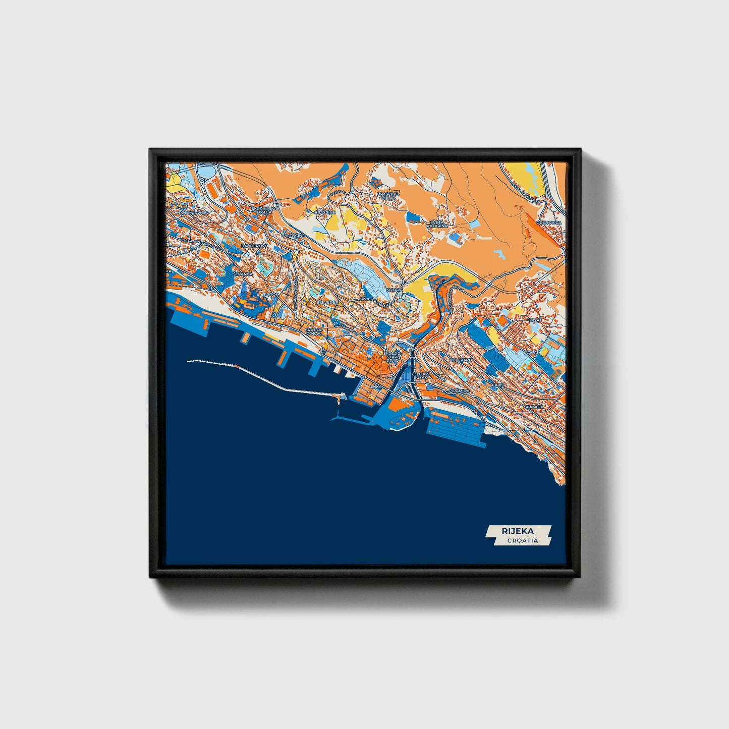 Rijeka Croatia Colorful City Map Canvas Print • Black Framed