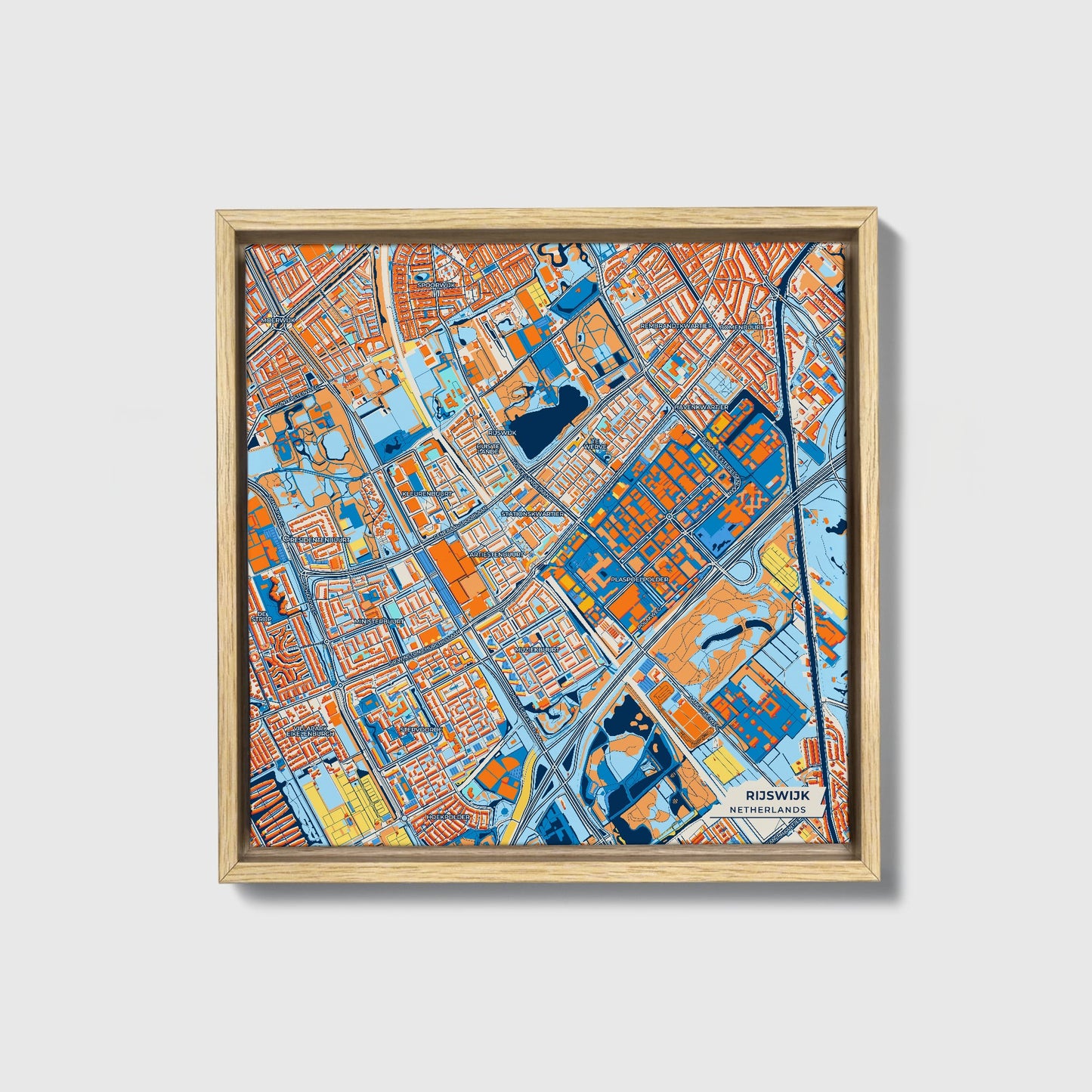 Rijswijk Netherlands Colorful City Map Canvas Print • Natural Wooden Framed