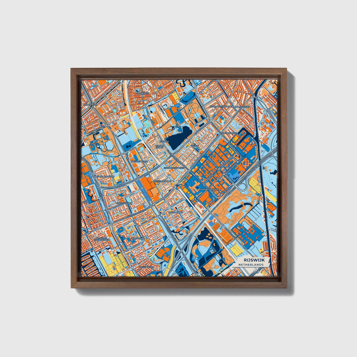 Rijswijk Netherlands Colorful City Map Canvas Print • Dark Wooden Framed