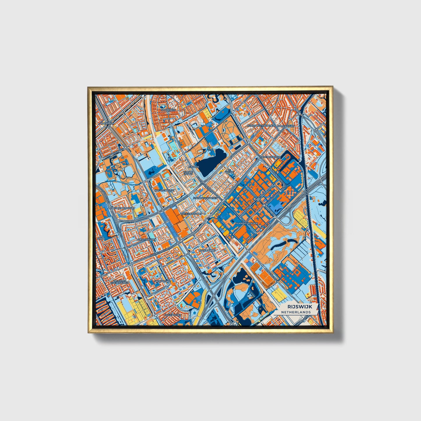 Rijswijk Netherlands Colorful City Map Canvas Print • Gold Framed