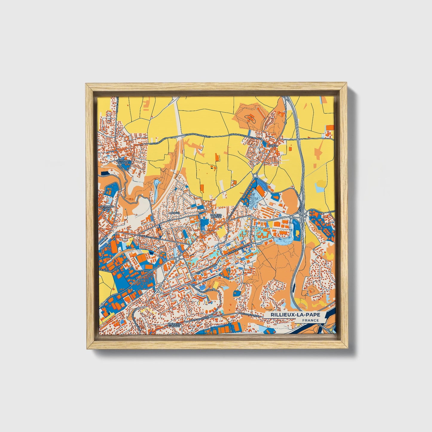 Rillieux-La-Pape France Colorful City Map Canvas Print • Natural Wooden Framed