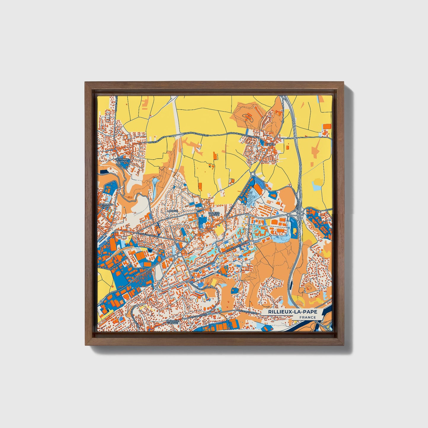 Rillieux-La-Pape France Colorful City Map Canvas Print • Dark Wooden Framed