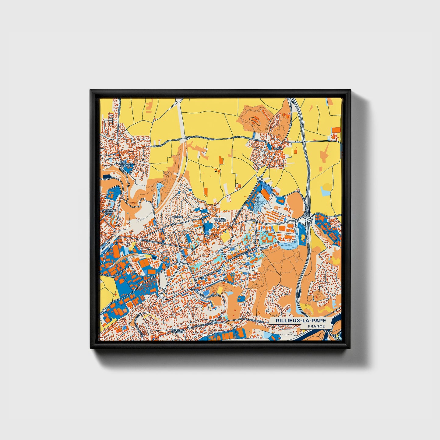 Rillieux-La-Pape France Colorful City Map Canvas Print • Black Framed