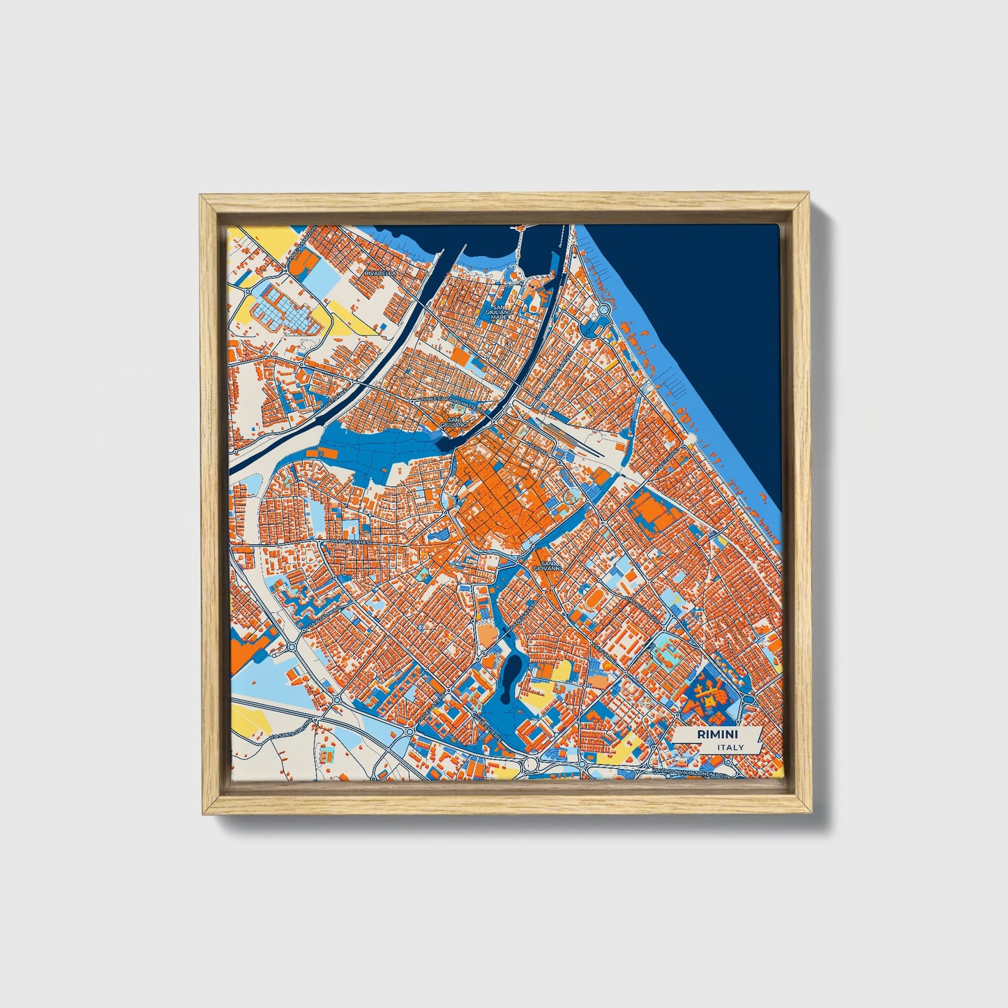 Rimini Italy Colorful City Map Canvas Print • Natural Wooden Framed