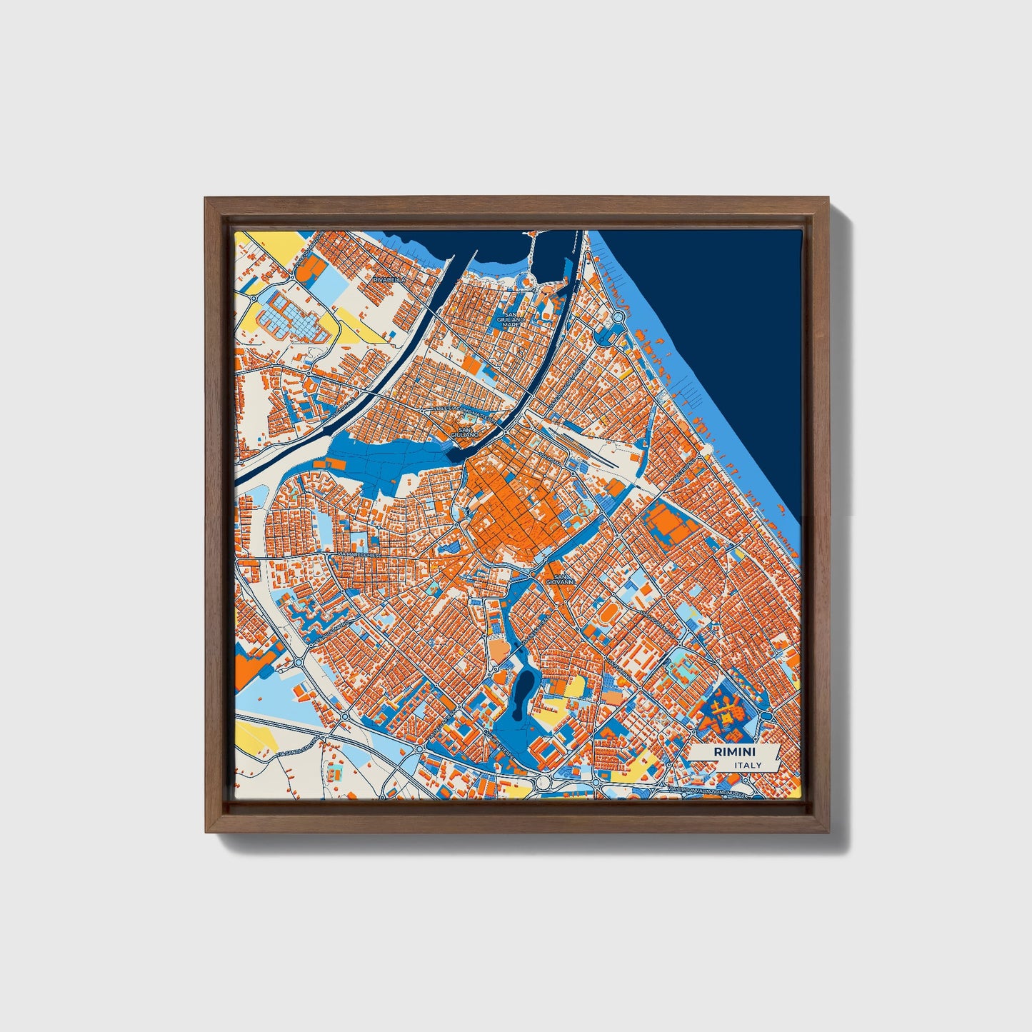 Rimini Italy Colorful City Map Canvas Print • Dark Wooden Framed
