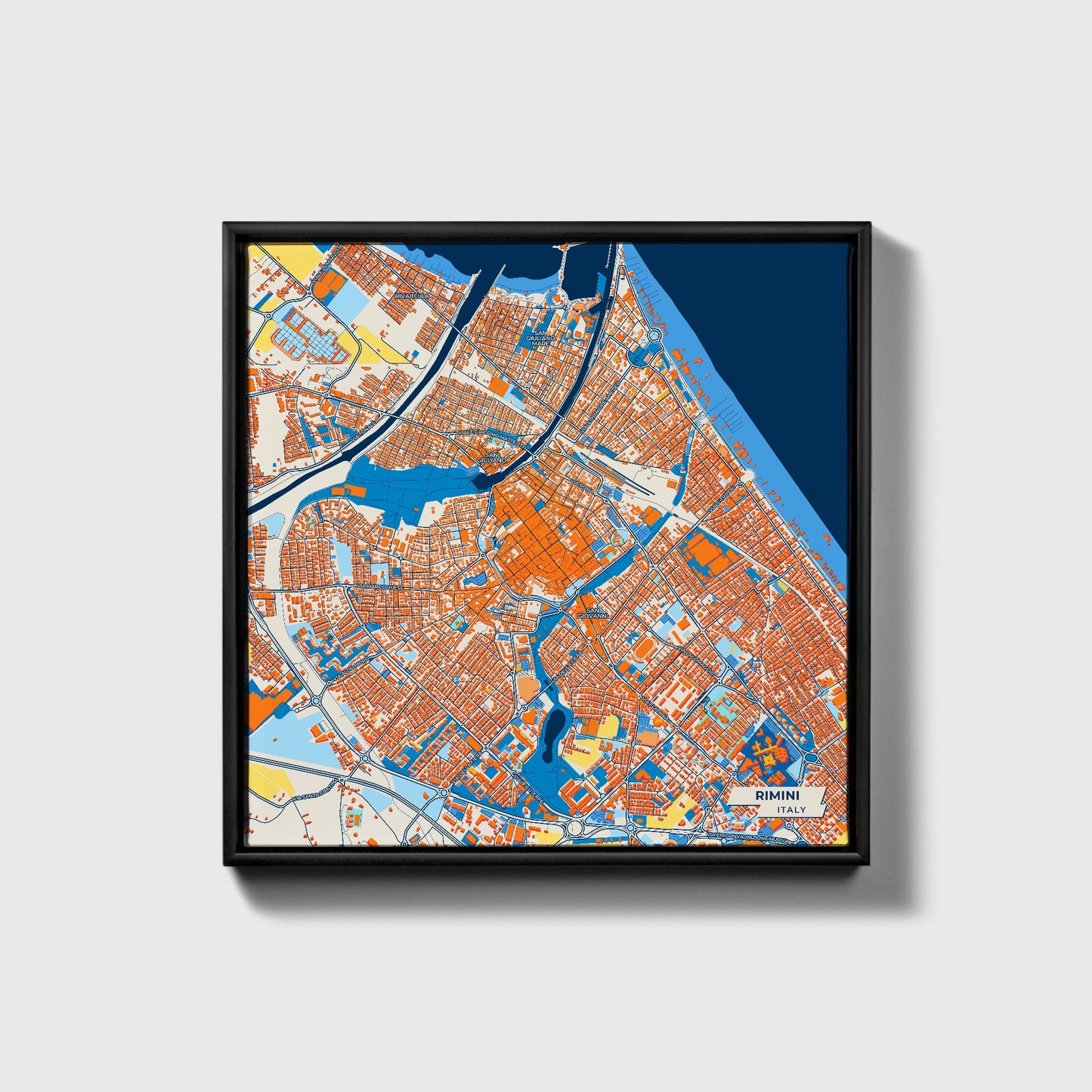 Rimini Italy Colorful City Map Canvas Print • Black Framed