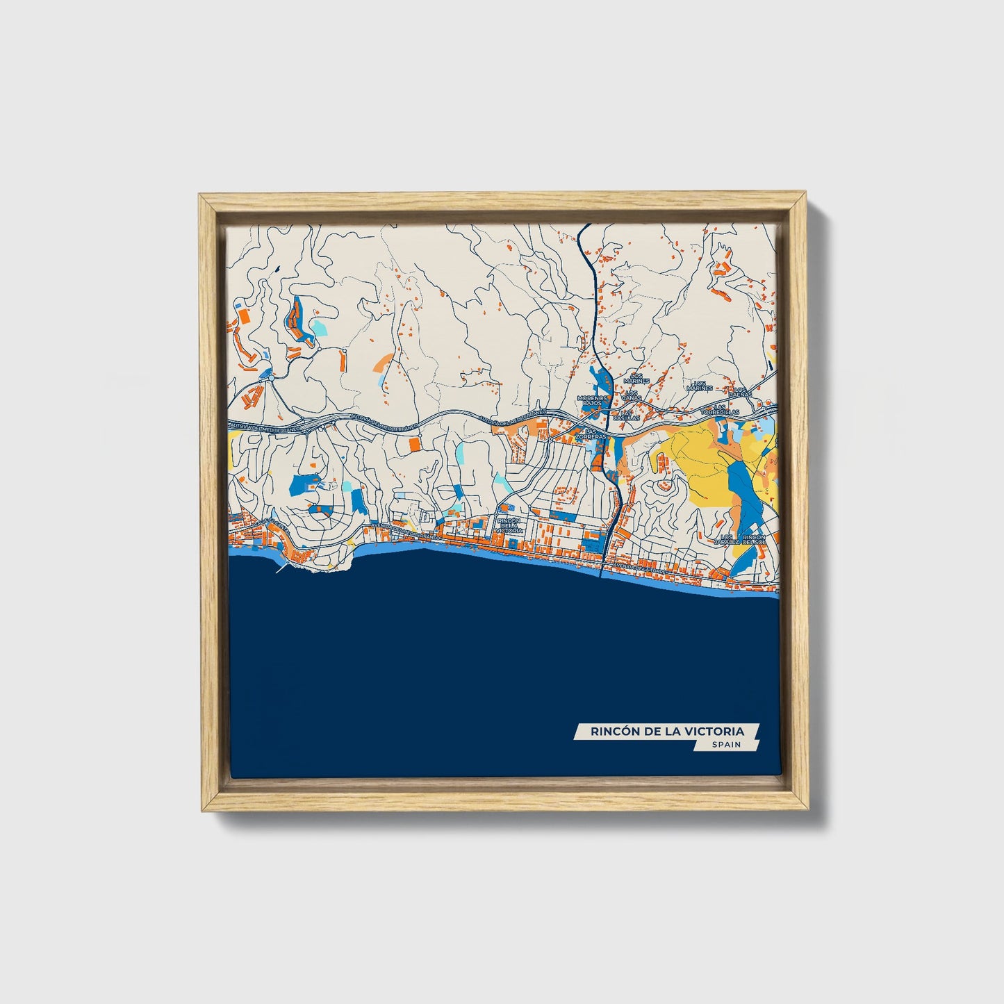 Rincón De La Victoria Spain Colorful City Map Canvas Print • Natural Wooden Framed