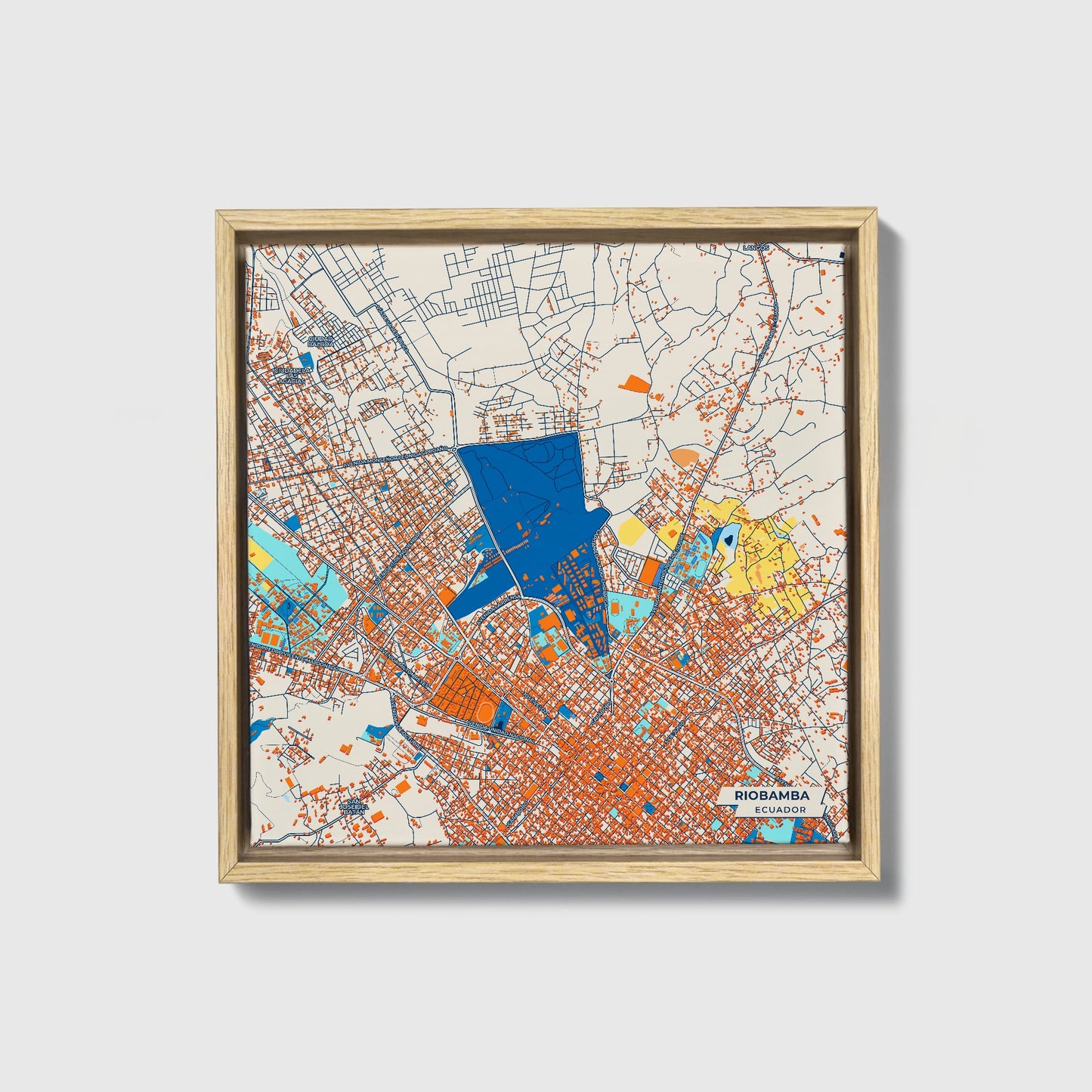 Riobamba Ecuador Colorful City Map Canvas Print • Natural Wooden Framed
