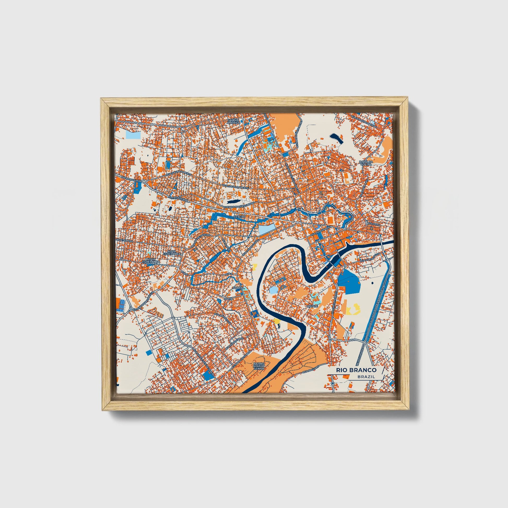 Rio Branco Brazil Colorful City Map Canvas Print • Natural Wooden Framed