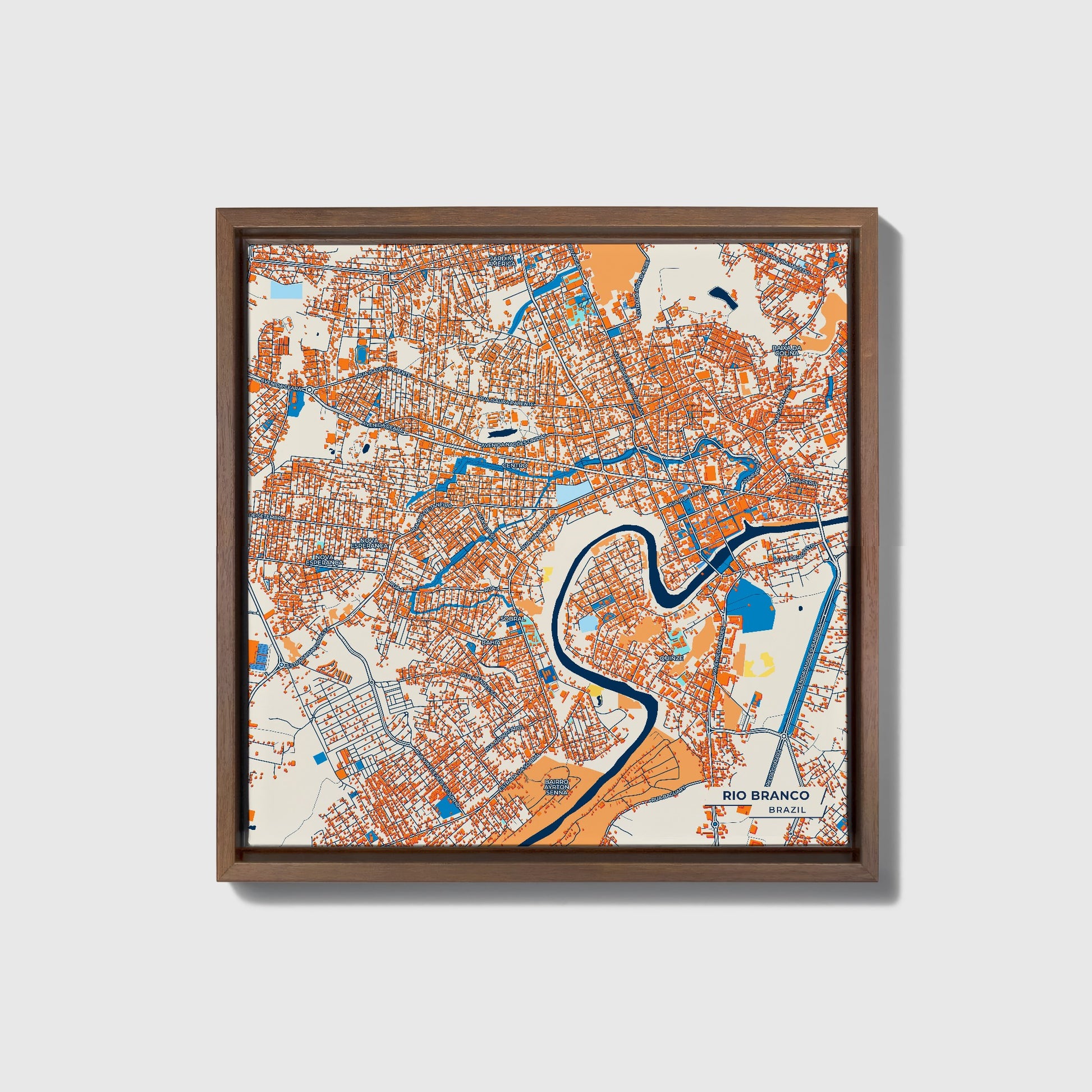 Rio Branco Brazil Colorful City Map Canvas Print • Dark Wooden Framed