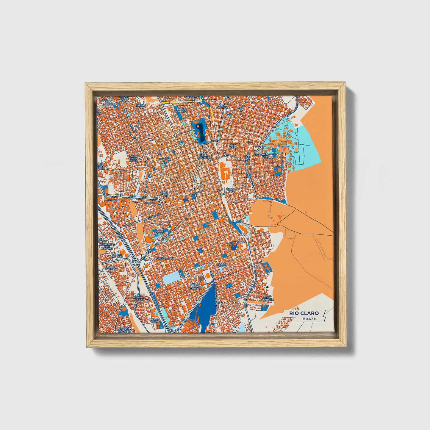 Rio Claro Brazil Colorful City Map Canvas Print • Natural Wooden Framed