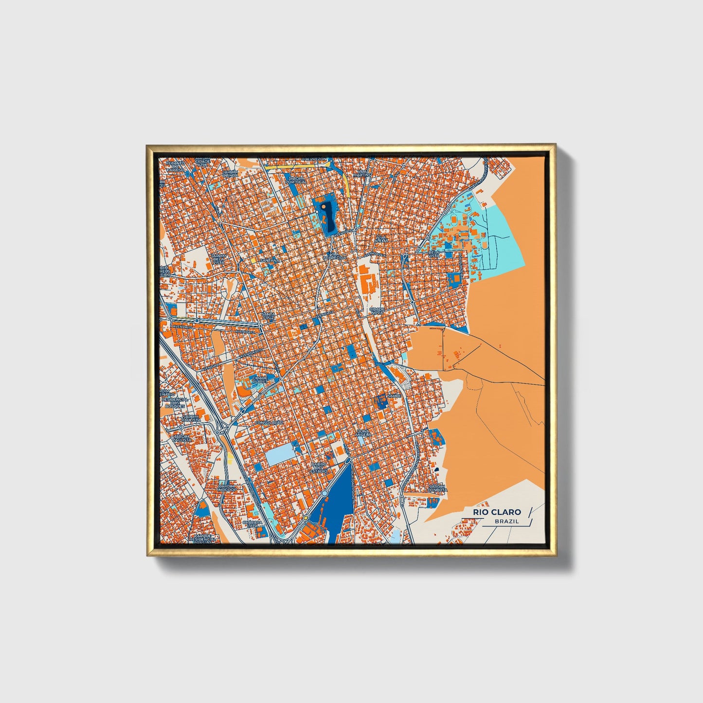 Rio Claro Brazil Colorful City Map Canvas Print • Gold Framed