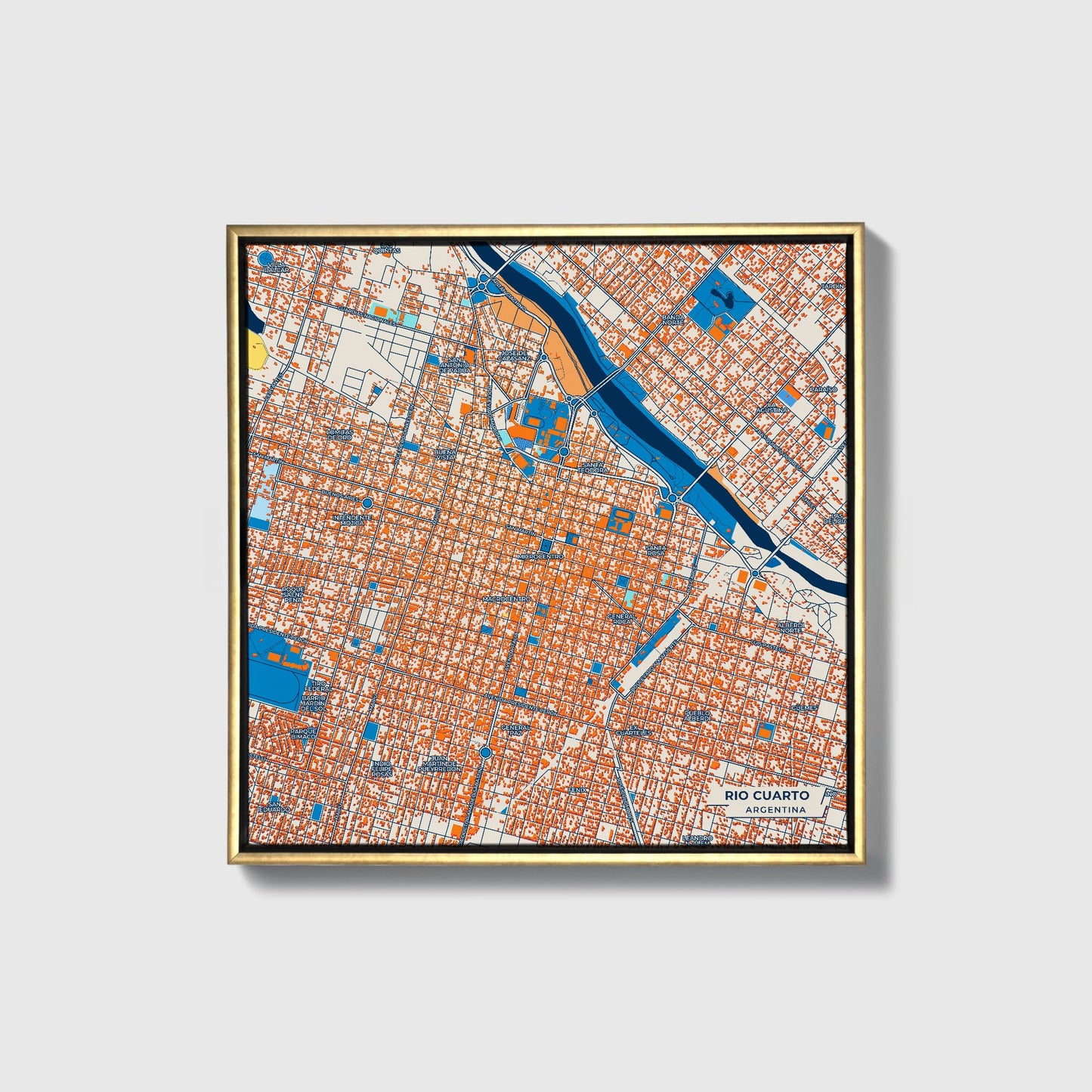 Rio Cuarto Argentina Colorful City Map Canvas Print • Gold Framed
