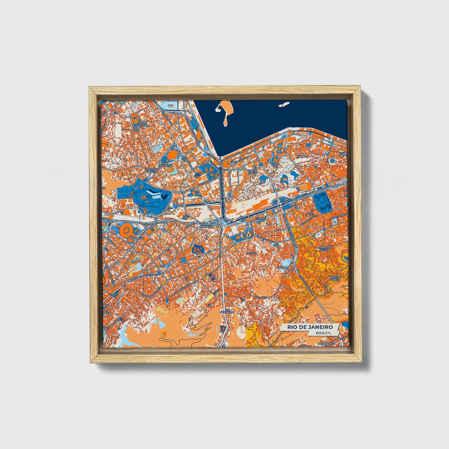 Rio De Janeiro Brazil Colorful City Map Canvas Print • Natural Wooden Framed