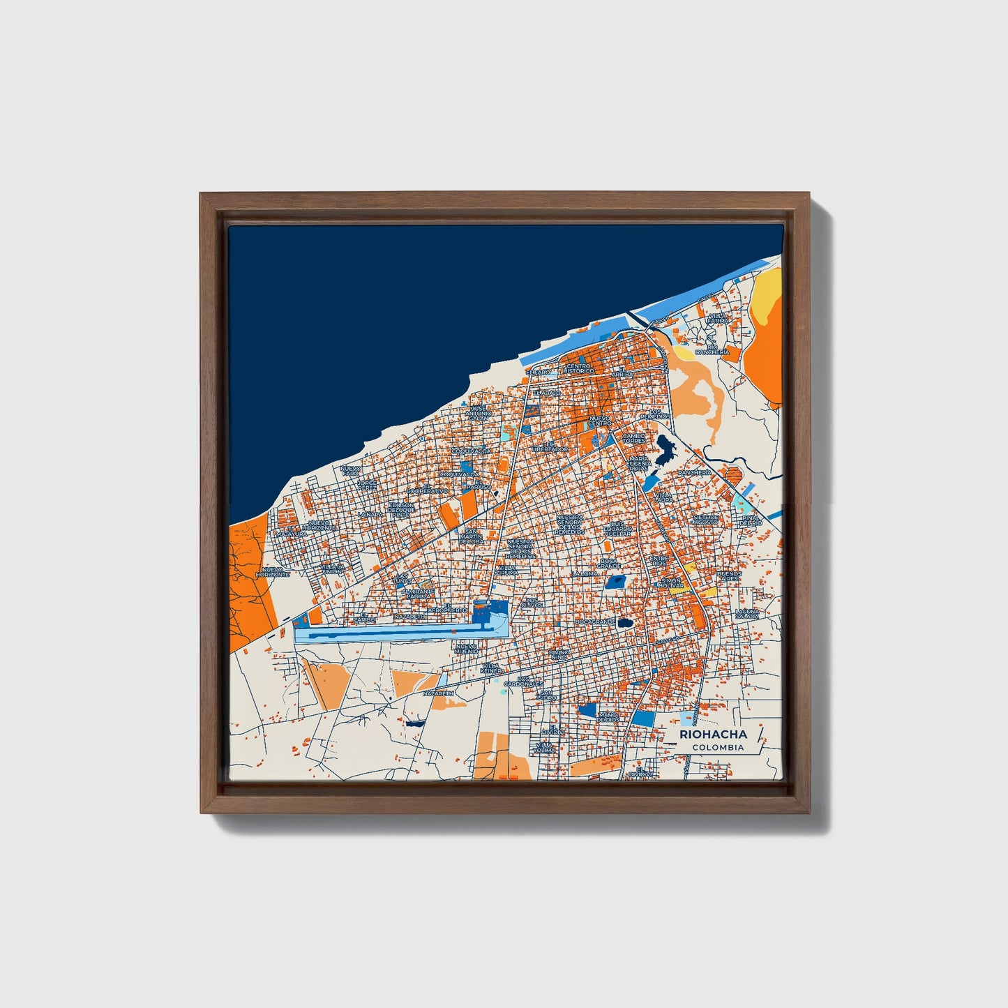 Riohacha Colombia Colorful City Map Canvas Print • Dark Wooden Framed