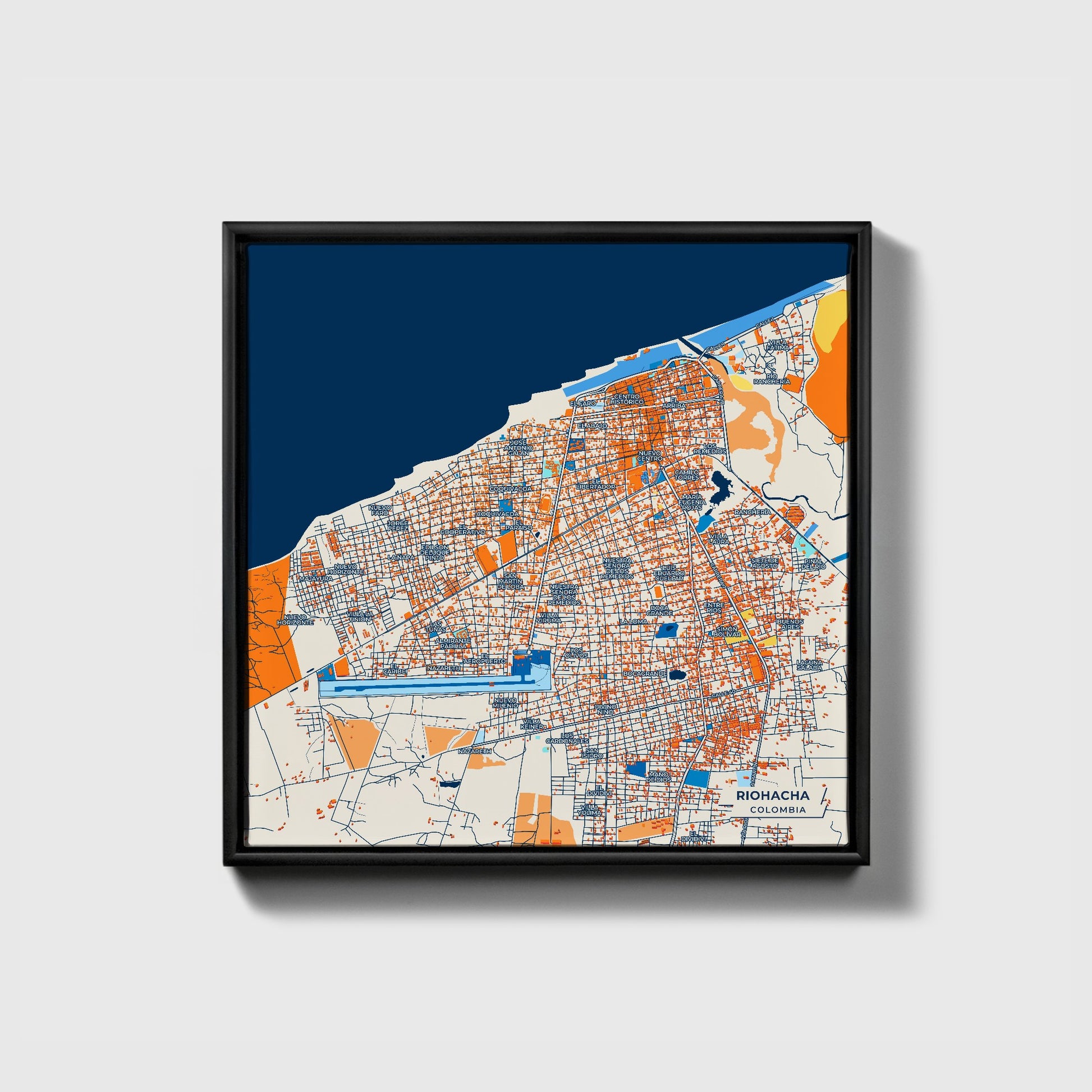 Riohacha Colombia Colorful City Map Canvas Print • Black Framed