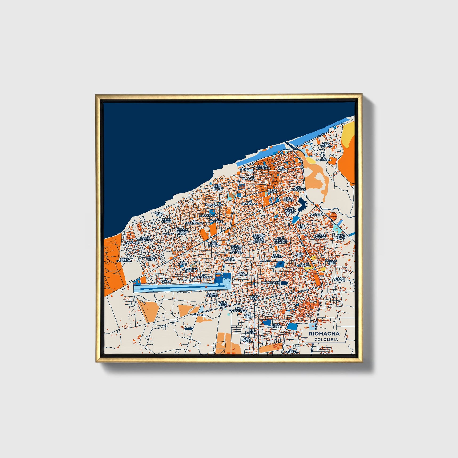Riohacha Colombia Colorful City Map Canvas Print • Gold Framed