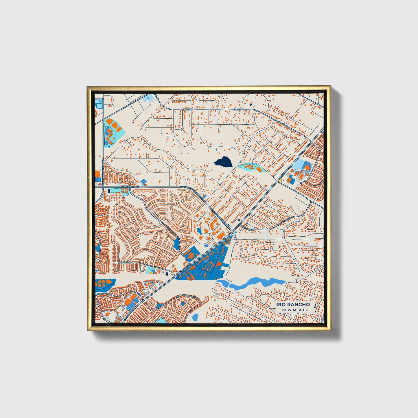 Rio Rancho New Mexico Colorful City Map Canvas Print • Gold Framed