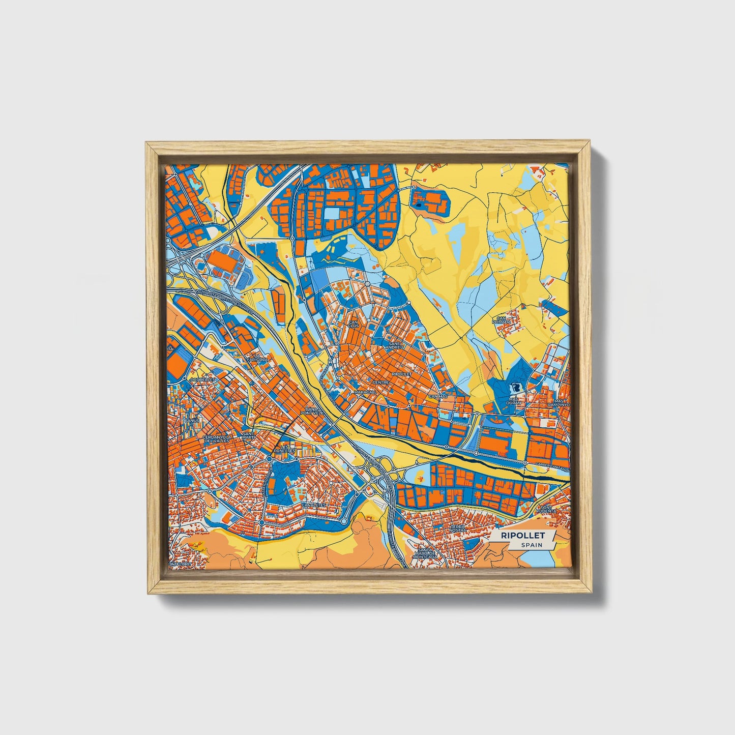 Ripollet Spain Colorful City Map Canvas Print • Natural Wooden Framed
